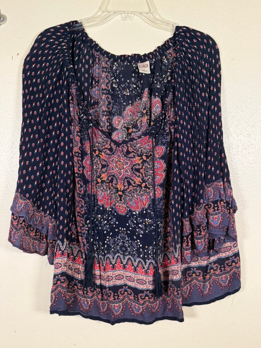 Bila XL Boho Peasant Blouse Navy Paisley Tassel Tie Bell Sleeve Top